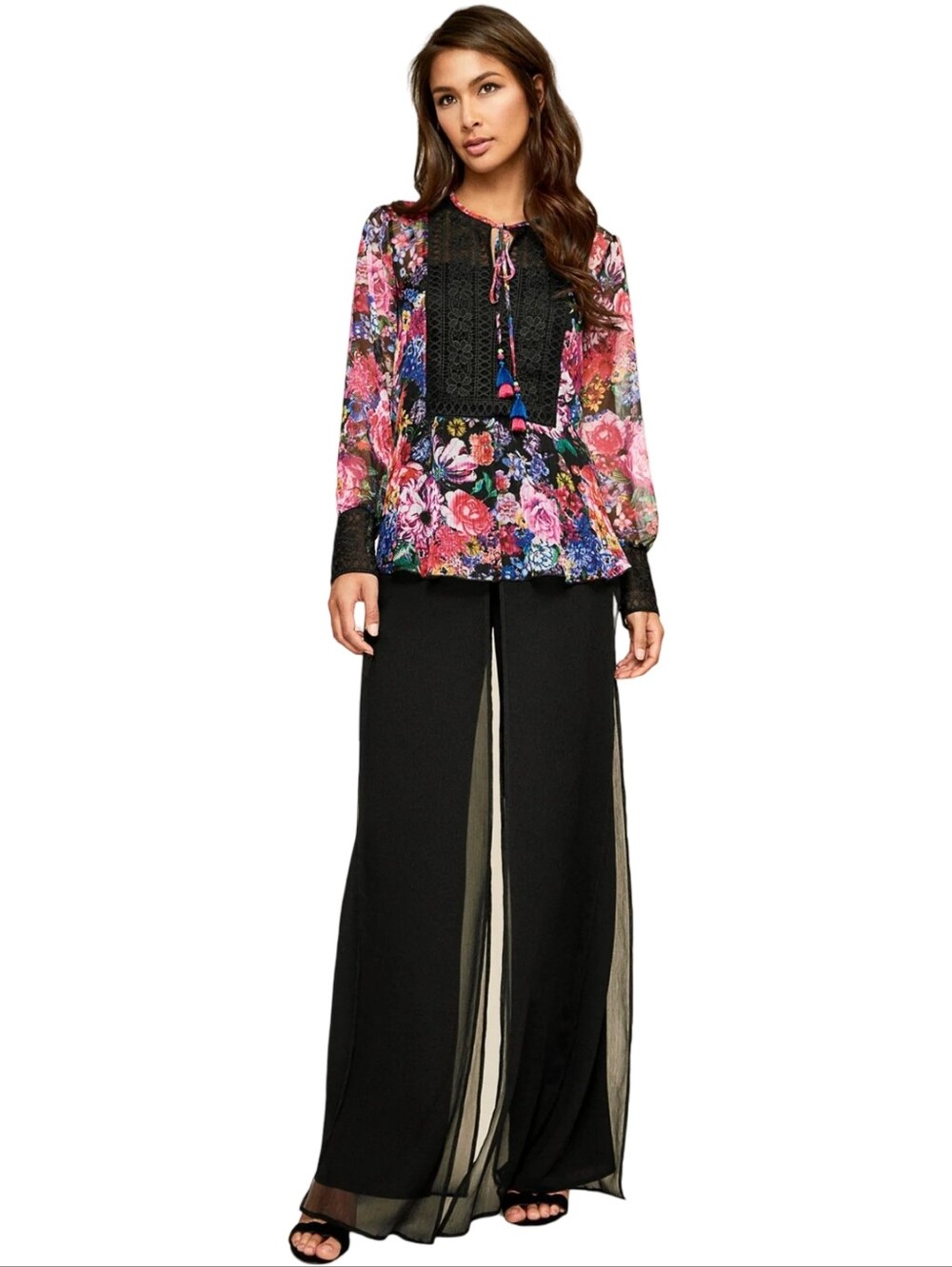 TADASHI SHOJI Gaberira Sheer Floral Tie Neck Blouse W/ Lace Panel & Cuffs Sz 4 - Picture 6 of 11